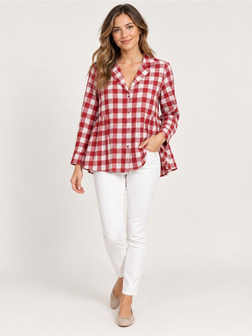 Pomander Place Red White Gingham Peplum Button Front Top XS
